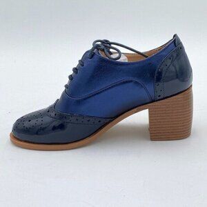 FOWT Women's Perforated Lace-Up Oxfords Almond Toe Mid Chunky Heel Brogues